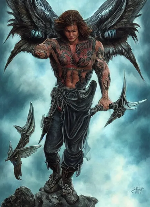 Image similar to front portrait of attractive Sam Winchester as a muscular warrior angel with demon wings wide open, teared apart T-Shirt whole body tattooed with runes and satanic symbols, D&D!, fantasy style, sharp focus!, ultra detailed, art by Artgerm and Peter Andrew Jones, WLUP