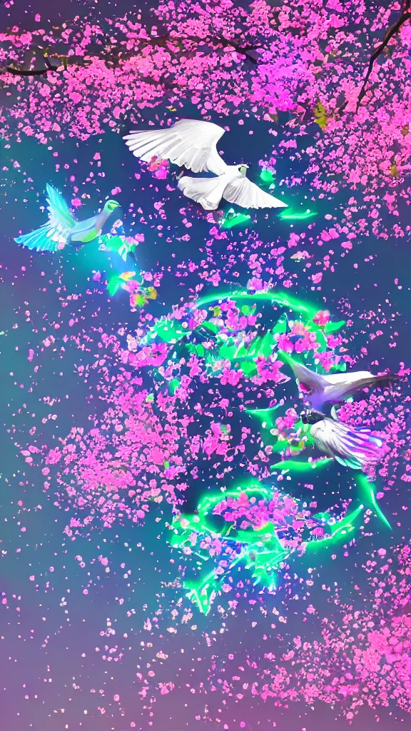 Image similar to holograph, pigeon flying among cherry blossoms, glitchpunk, neon