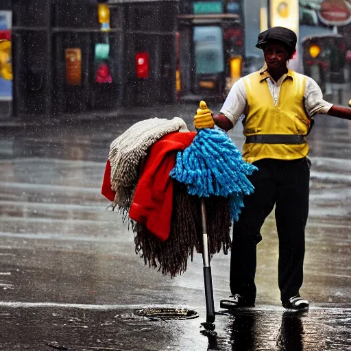 Image similar to closeup portrait of a cleaner with a mop fighting apuddles in rainy new york street, by Steve McCurry and David Lazar, natural light, detailed face, CANON Eos C300, ƒ1.8, 35mm, 8K, medium-format print