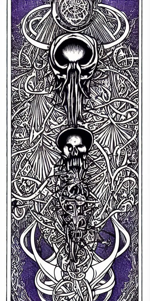 Image similar to a beautiful ombre skullpunk fractal tarot card featuring bold occult imagery with clean lines. haeckel. detailed adult coloring book