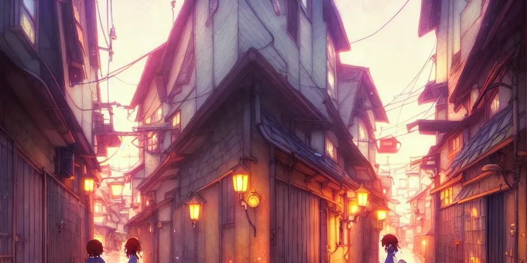 Image similar to the girl and the alley. anime visual of a cozy village, late in the evening. by hayao miyazaki and rossdraws and artgerm and greg rutkowski and alphonse mucha. anime production by studio ghibli. high quality, stunning, intricate detailed environment. 8 k