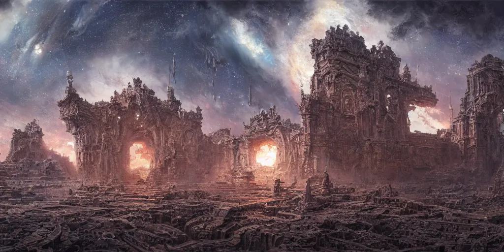 Image similar to incomprehensible space galaxy, highly detailed, ancient, intricate details, epic scale, insanely complex, 8 k, sharp focus, hyperrealism, dark fantasy, by greg rutkowski, trending on artstation