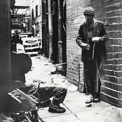 Image similar to 1 9 3 0 s hobo in a nyc alleyway giving himself an insulin shot, norman rockwell painting,