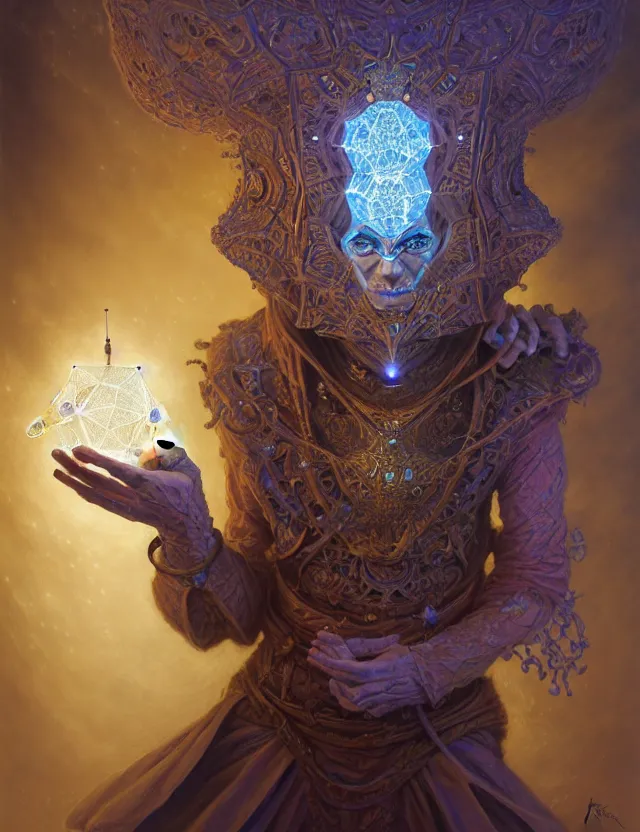 Image similar to front shot of a court jester character, hyperdimensional, bioluminescent hypercubes, ((intricate)), elegant, highly detailed, centered, (((artstation, concept art, smooth, sharp focus, artgerm, Tomasz Alen Kopera, Peter Mohrbacher, donato giancola, Joseph Christian Leyendecker, WLOP, Boris Vallejo))), mugshot!!!!!, ugly!!!!!!, octane render, nvidia raytracing demo, grainy, muted, 8K, digitalblasphemy