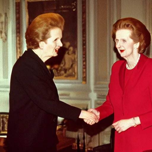 Image similar to Margaret Thatcher shaking hands with Satan in the depths of hell, ultra detailed, ultra intricate, cinematic, 8k,