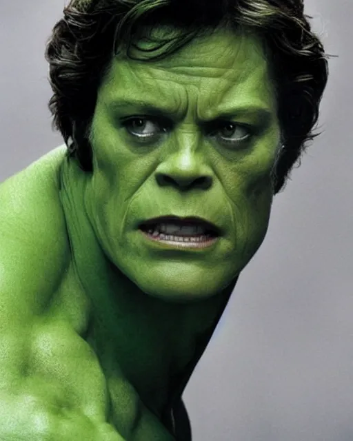 Image similar to sigourney weaver as the incredible hulk, face and shoulders focus, androgynous, strong features, striking, handsome, gender neutral, muscular, buff, dynamic lighting, ultra detailed