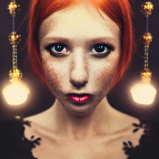 Prompt: redhead girl in black dress in beautiful castle, black pearls and golden gems, glowing eyes, light freckles, portrait, conceptart, medium shot, unreal, octane, symmetrical, photorealism