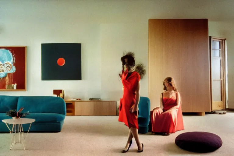 Image similar to photograph of strange presence radiating esoteric energy in modernist living room, crisp focus, backlit woman in foreground, highly detailed, in hipgnosis style, 3 5 mm ektachrome