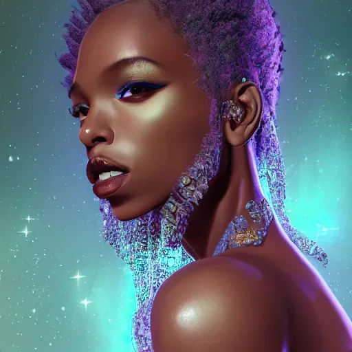 Prompt: the portrait of the absurdly beautiful, graceful, elegant, gorgeous, innocent black french young glamour model made with crystals, an ultrafine hyperdetailed illustration by kim jung gi, irakli nadar, intricate linework, bright colors, octopath traveler, final fantasy, unreal engine 5 highly rendered, global illumination, radiant light, intricate environment