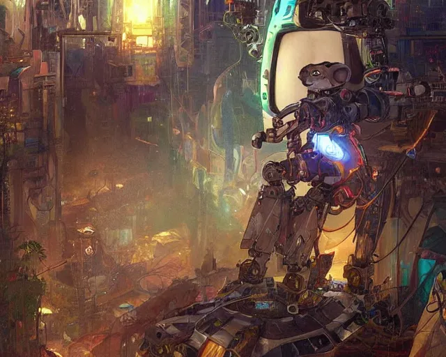 Image similar to an anthropomorphic opossum mecha ROBOT emerging from a a dense semantik network in the AJEGUNLE SLUMS of Lagos inside african JESUS CHRIST about AESTHETICS surrounding large UFO within NEON rays of light , 8K, art by artgerm and greg rutkowski and alphonse mucha
