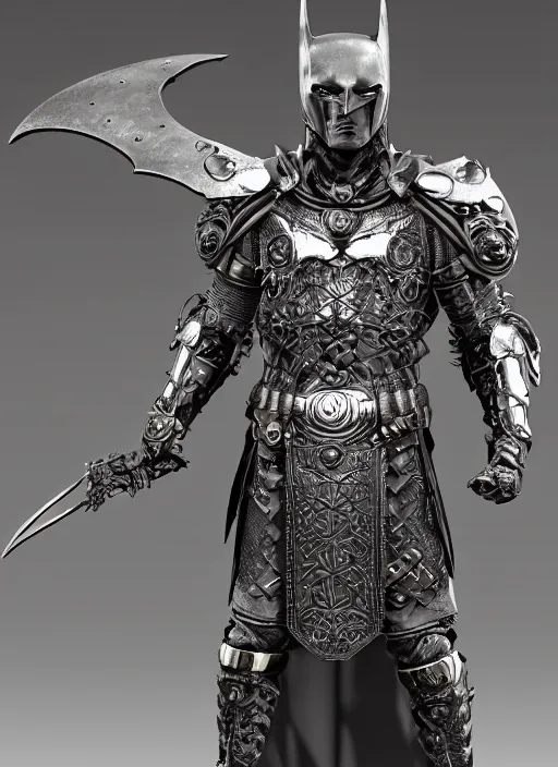 Prompt: hyper realistic glorious ancient celtic batman in a obsidian metal armor, futuristic design, designed by makoto kobayashi and luca zampriolo, portrait, cyberpunk style, wood and gold details, intricate, extremely detailed, ornate, deep of field, hard surface, exoskeleton, substance designer metal unreal engine. amazing likeness. very detailed.