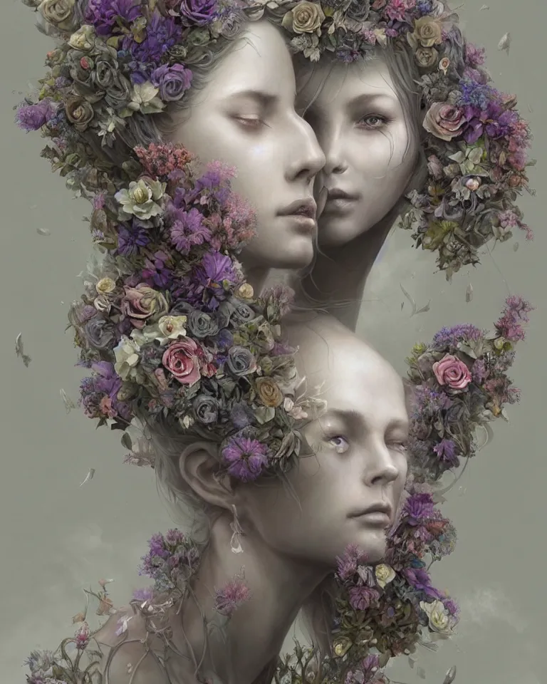 Image similar to a sculpture of a gorgeous etherial female, made of mist, made of flowers, Andrew Ferez, Charlie Bowater, Marco Mazzoni, Seb McKinnon, Ryohei Hase, lovecraftian, cosmic horror, trending on cgsociety, featured on zbrush central, grotesque, vanitas, new sculpture, mystical
