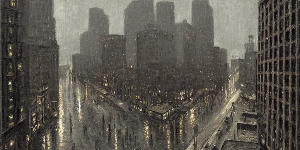 Image similar to a realistic rooftop sepia - toned painting of 1 9 2 0 s downtown boston at night in the rain, dark, brooding, atmospheric, lovecraft