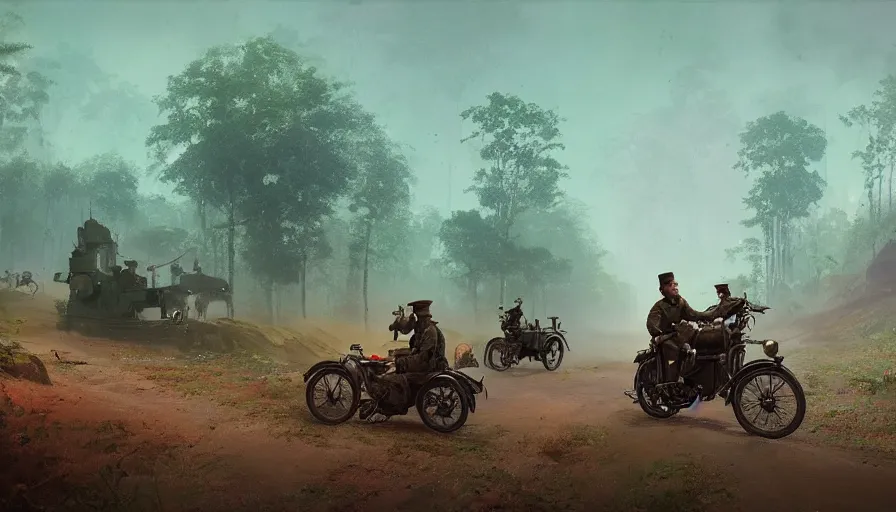 Image similar to a british officer driving a motorcycle alone in 1921 in kerala forest road, local people chasing to attack, furious action scene, chase, an epic fantasy, dramatic lighting, cinematic, establishing shot, extremely high detail, photorealistic, cinematic lighting, artstation, by simon stalenhag, horizon forbidden west