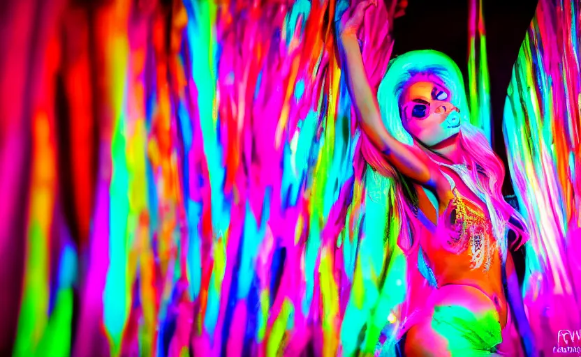 Image similar to IMG_975.raw, lady gaga ,beautiful composition, neon colors, 50mm f1.8, ambient light,