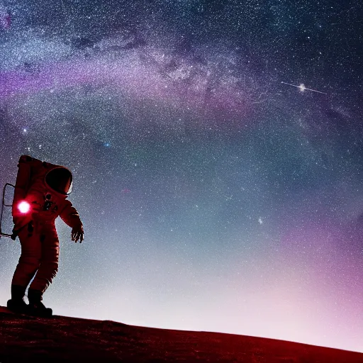 Image similar to astronaut silhouette with arms extended forward, bottom of arms lit by light coming from off camera, light coming from below, starry sky background, lit from below, full body photo,, 8 k