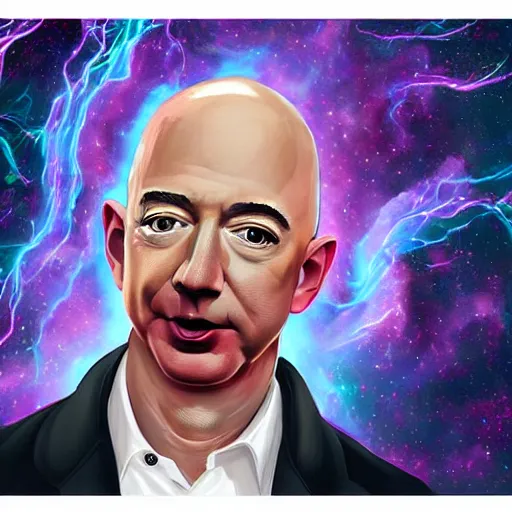 Image similar to Jeff Bezos as a terrifying cosmic horror with a thousand tentacles coming from his eyes and cracks in his head with a cosmic background. Epic digital art, extremely detailed, terrifying