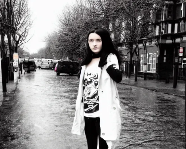 Image similar to poor quality digital photo of an emo girl, black hair, sunny day after rain, british street, 2 0 0 7