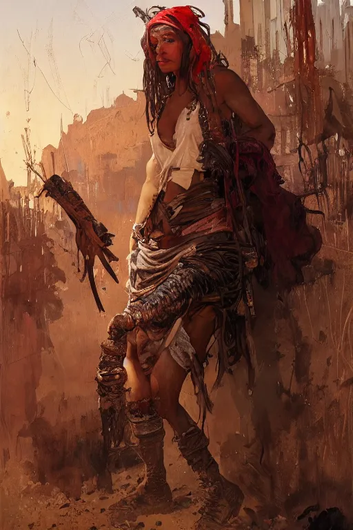 Image similar to a full body portrait of a beautiful post apocalyptic offworld butchers district bedouin blind pulp fiction scarlet wild rogue barbarian leper begging by the roadside, intricate, elegant, highly detailed, digital painting, artstation, concept art, smooth, sharp focus, illustration, art by krenz cushart and artem demura and alphonse mucha