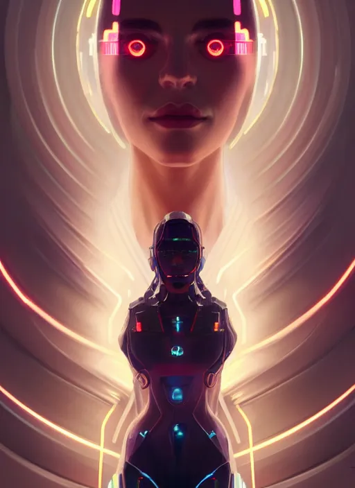 Image similar to symmetry portrait of lana parilla, sci - fi, tech wear, glowing lights intricate, elegant, highly detailed, digital painting, artstation, concept art, smooth, sharp focus, illustration, art by artgerm and greg rutkowski and alphonse mucha