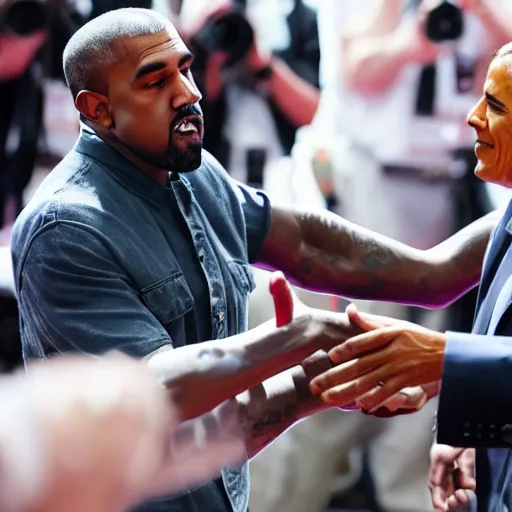 Prompt: a photo of Kanye west shaking hands with Obama, award winning photo, shot with a DSLR, 4K, f1.8