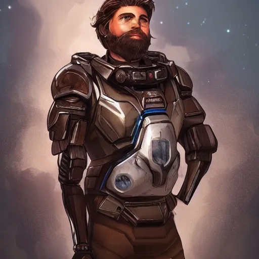 Image similar to Portrait of a man with brown hair and beard in futuristic sci-fi armor, blasters on his belt, digital art, realistic, artstation, detailed