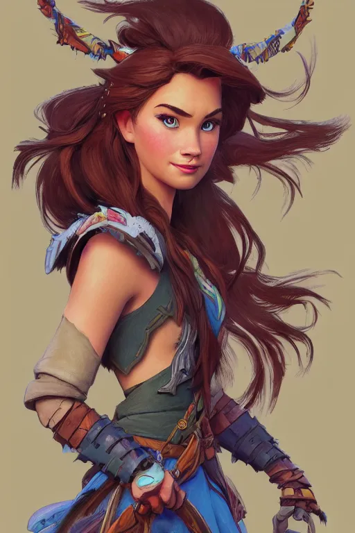 Image similar to pencil spot illustrations of various disney characters combined with a horizon zero dawn 2 aesthetic, d & d, fantasy, intricate, elegant, highly detailed, digital painting, artstation, concept art, matte, sharp focus, illustration, hearthstone, art by bridgeman and artgerm and greg rutkowski and alphonse mucha and ruan jia and conrad roset