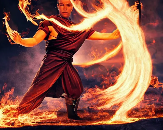 Prompt: Fire bending male emperor, epic, photorealistic, action shot, epic lighting