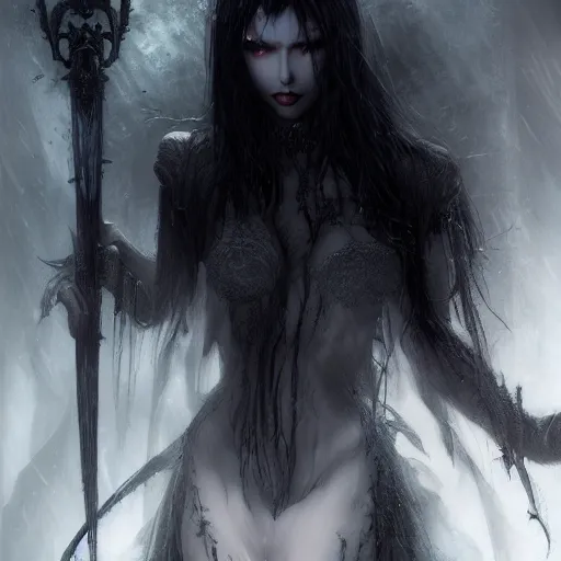 Image similar to kerli koiv, vampire, darkwave, darksynth character portrait, sharp, digital matte painting, art by luis royo, greg rutkowski, wlop, dramatic lighting, trending on artstation