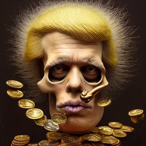 Prompt: a beautiful detailed 3 d matte portrait of donald trump, by ellen jewett, by tomasz alen kopera, by justin gerard, ominous, magical realism, texture, intricate, skull, skeleton, gold coins, money, whirling smoke, alchemist bottles, radiant colors, fantasy, volumetric lighting, high details