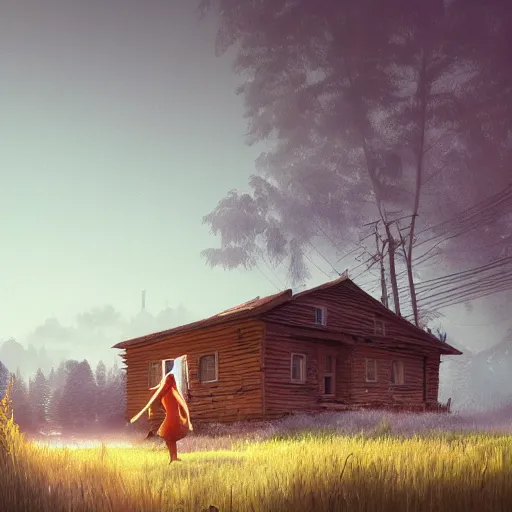 Image similar to woman leaving her wooden broken house by simon stålenhag, very highly detailed, award winning, rendered by Beeple, by Makoto Shinkai, syd meade, starwars, space art concept, digital art, unreal engine, blender, WLOP, trending on artstation, 4K UHD image, octane render