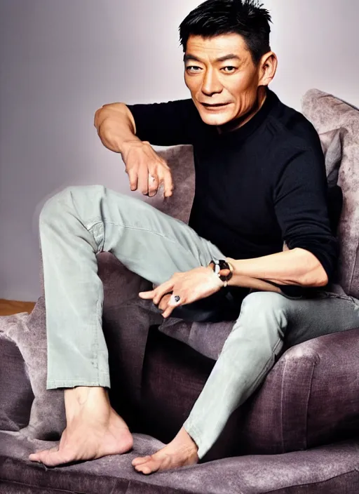 Image similar to hong kong star andy lau sits on the sofa and smokes