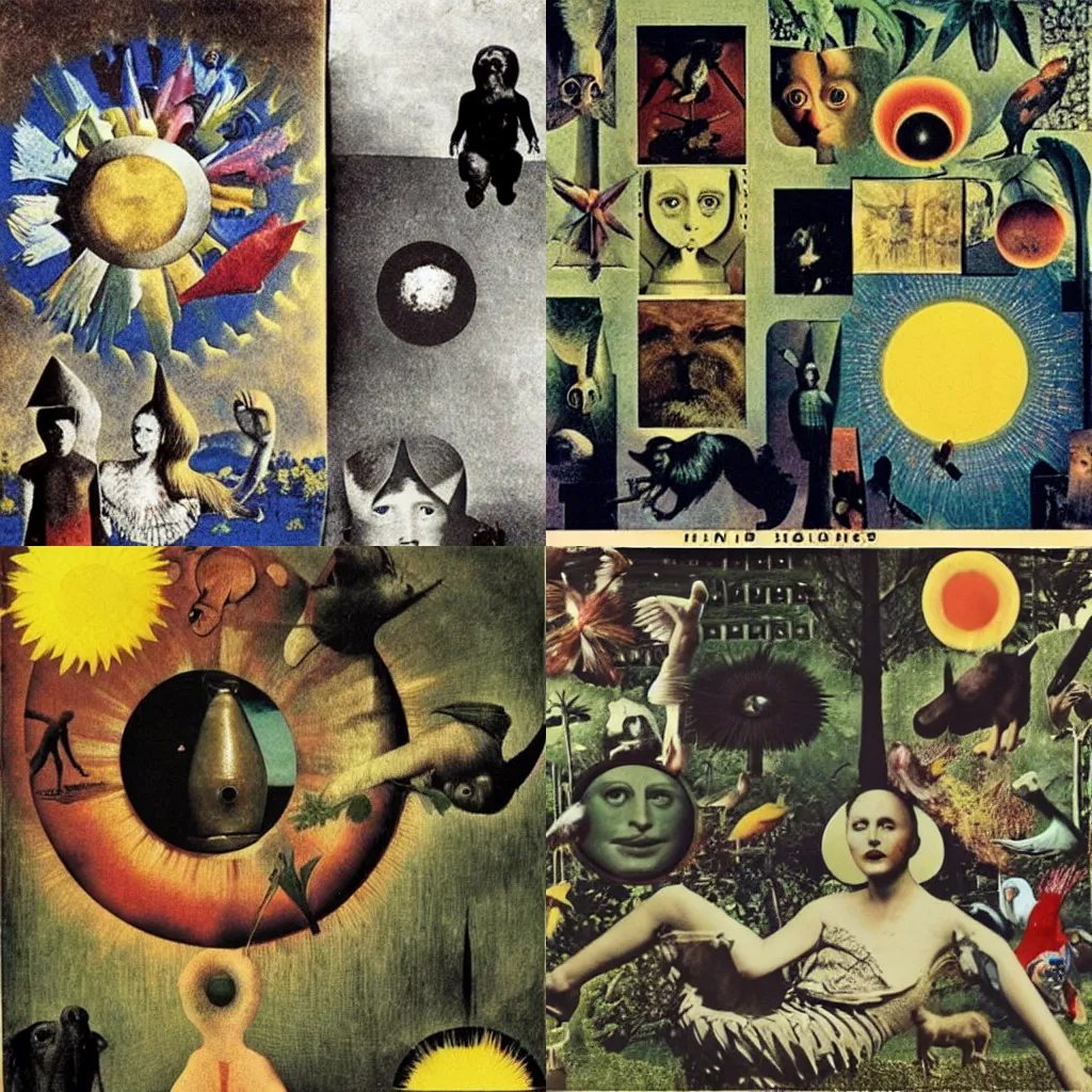 Prompt: the sun shines endlessly over the garden and the animals have turned violent and strange, photo collage, by Hannah Hoch, by Max Ernst, beautiful, eerie, surreal, colorful