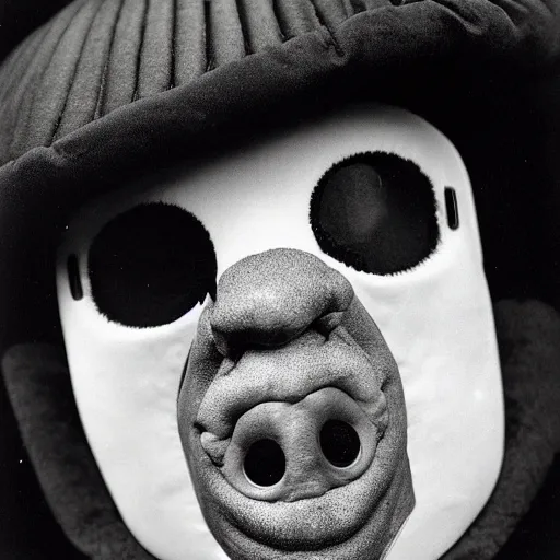 Prompt: a close-up black-and-white studio portrait of Roberto Bolaños Chaves El Chavo del Ocho wearing the MF Doom mask. Robert Mapplethorpe. Tri-x. Madvillain album cover