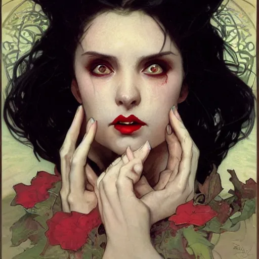 Prompt: portrait of a very beautiful vampire by Stanley Artgerm Lau , greg rutkowski, thomas kindkade, alphonse mucha, loish, norman rockwell, J. C. Leyendecker. dark black hair, pale skin, detailed eyes, red lips, crying tears of blood, cracks around the eyes and mouth. Trending on artstation rule of thirds extremely detailed illustration hd 4k