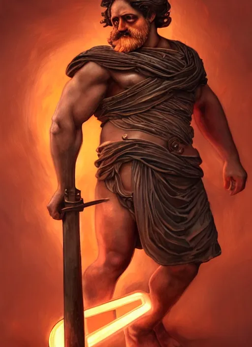 Prompt: the greek god hephaestus, brown hair, holding hammer, facing forward, steampunk, beautiful glowing eyes, volumetric lights, red and orange theme, art nouveau botanicals, intricate, highly detailed, digital painting, artstation, concept art, smooth, sharp focus, cinematic, illustration, beautiful face, art by artgerm and greg rutkowski and alphonse mucha