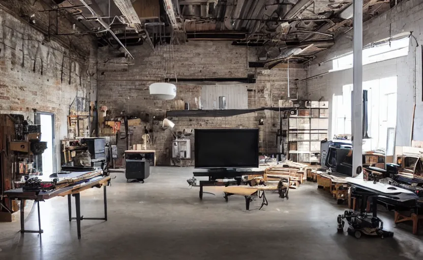 Image similar to an old warehouse that is turned into a workshop with a staple of vintage televisions