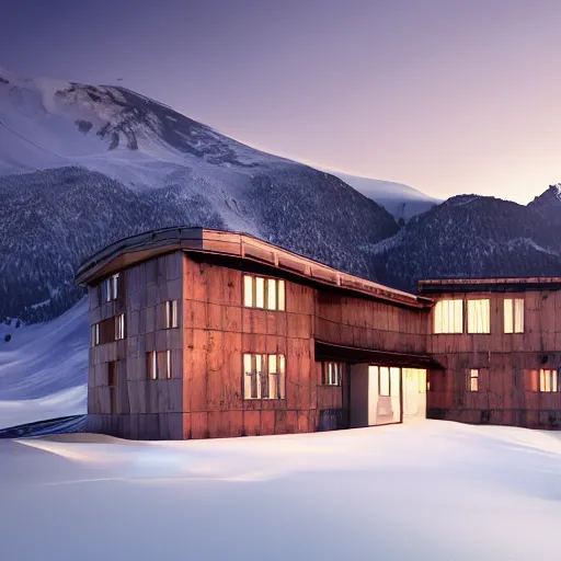 Prompt: a modern half - timbered house on the foot of elbrus mountain a digital rendering by schelte a bolswert, featured on polycount, de stijl, reimagined by industrial light and magic, angular, symmetrical
