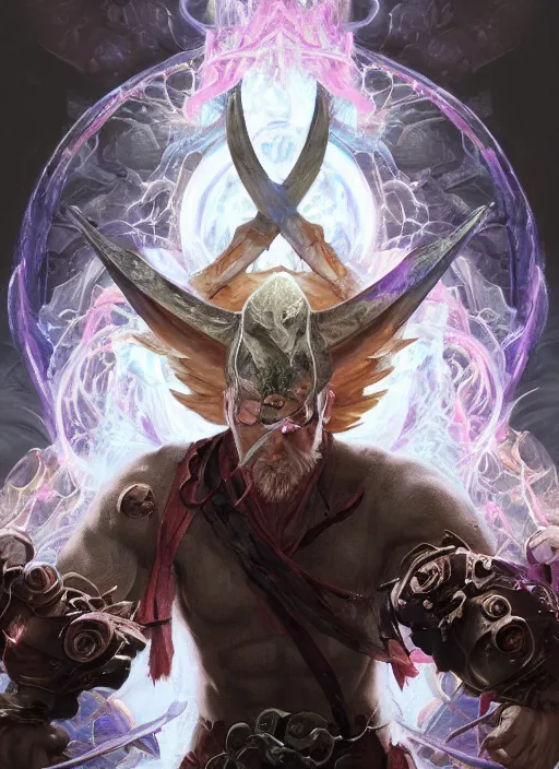 Prompt: close-up of character concept portrait of an Sam Hyde wizard conjuring a violent void multiversal spell, a floating iridescent blade sword of chaos from God of War in the center, intricate, elegant, digital painting, concept art, smooth, sharp focus, illustration, from Metal Gear, by Ruan Jia and Mandy Jurgens and William-Adolphe Bouguereau, Artgerm