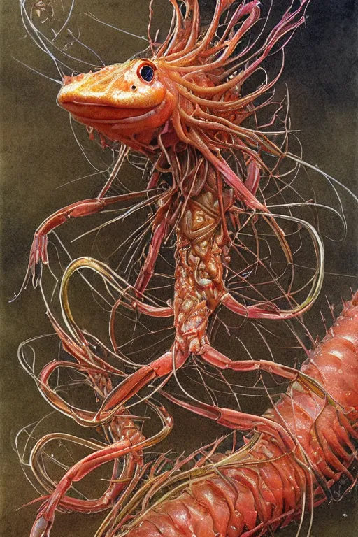 Image similar to skrimp, shrimpman biomechanical axolotl tentacle fish, masterpiece, intricate, elegant, highly detailed, digital painting, smooth, sharp focus, illustration, art by james gurney, graeme base, brian froud, alan lee