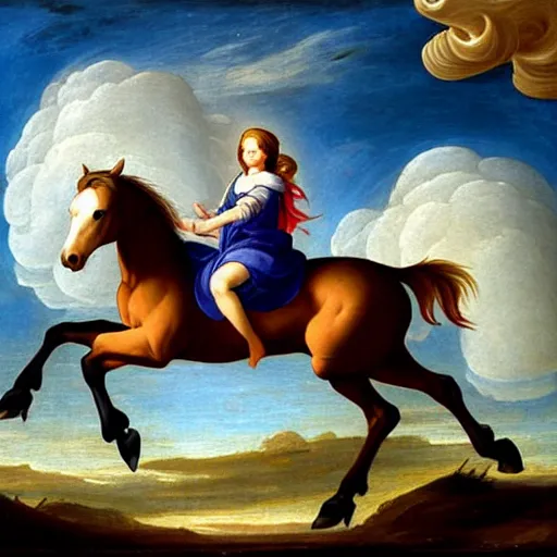 Prompt: a pony riding on clouds painted in the style of renaissance paintings