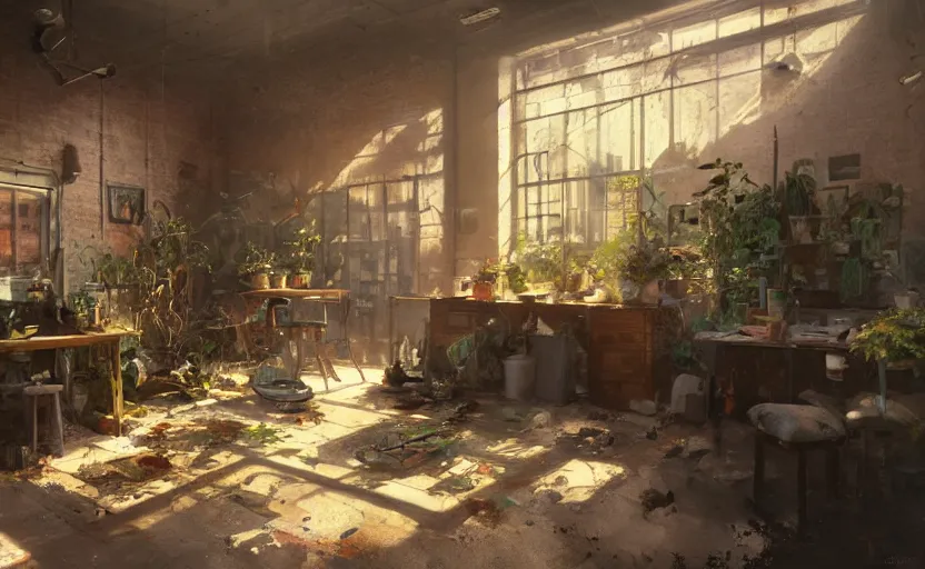 Image similar to a stylish artist studio interior, messy, many plants, brick walls, painting by Craig Mullins, octane rendering, warm moody lighting, wide angle lens, low view, in the style of blade runner, trending on artstation, 8k,