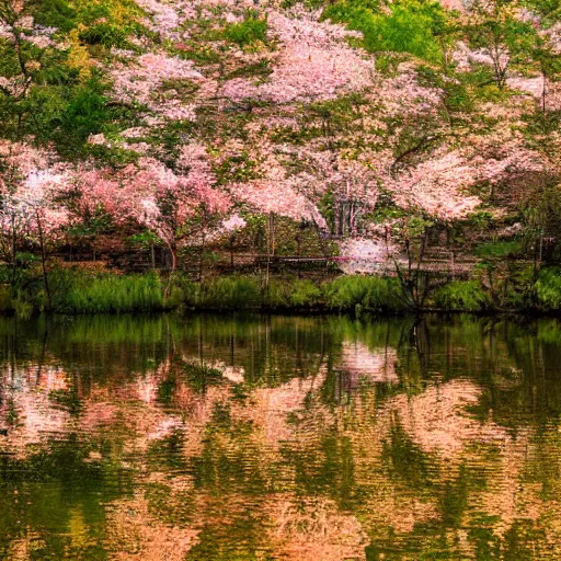 Image similar to forest cabin realistic photography 1 5 0 mpx wide angle lake deer cherry blossom