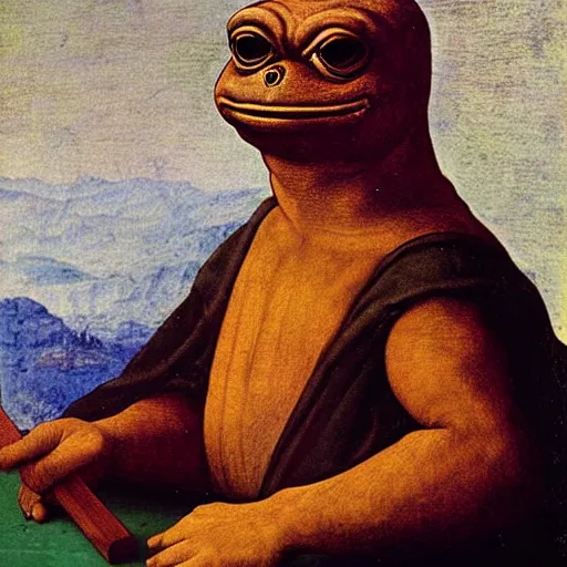 Prompt: oil painting of pepe the frog as aristotle by leonardo da vinci