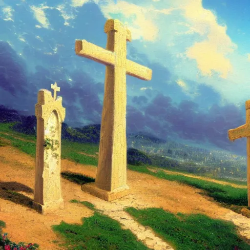 Prompt: painting of three crosses on calvary hill, miraculous cloudy backdrop, by Thomas Kinkade, wallpaper, hd
