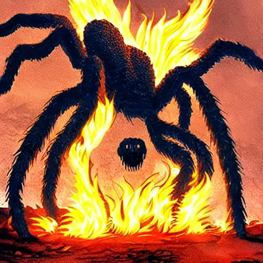 Image similar to giant spider made of fire attacking a scary monster made of water by kentaro miura