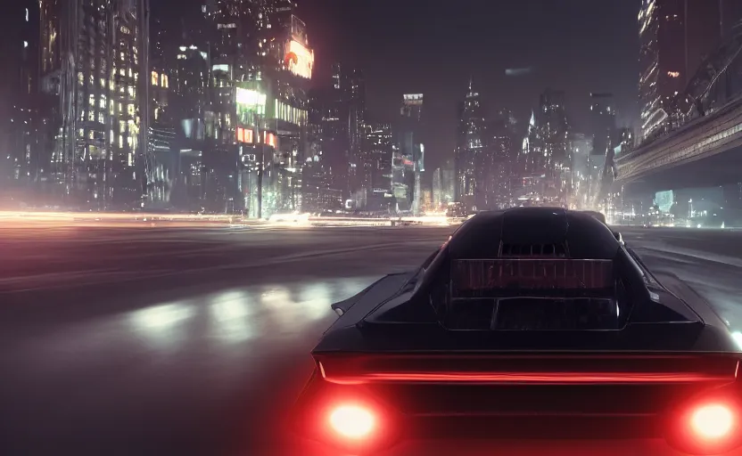 Prompt: A film still of the 2025 Batmobile driving through Gotham at night, 8k