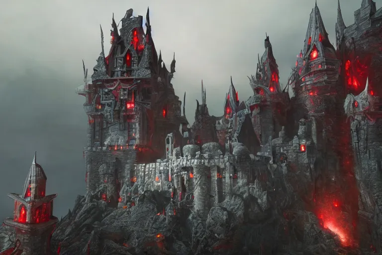 Prompt: big evil castle - city rock dark shadow elves, might and magic heroes 7, dark fantasy, shadows, artstation trending, unreal engine 5, red