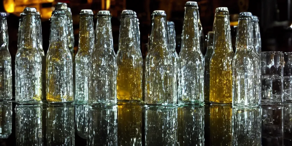 Prompt: castle of glass beer bottles, lit from behind, reflection