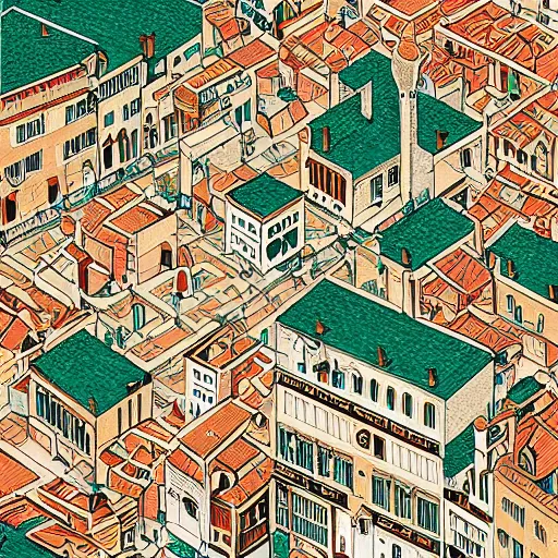 Image similar to isometric view illustration of a medieval Marseille street corner, highly detailed, mid day by Victo Ngai